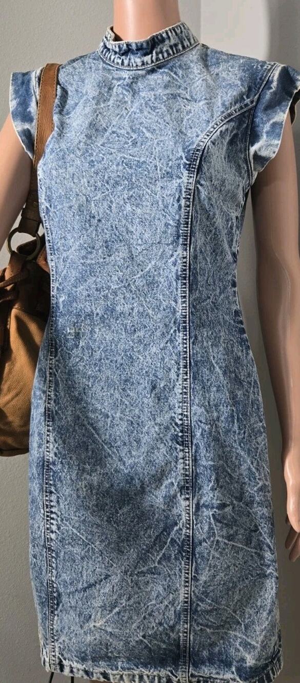 Vintage Silver Acid Wash Denim Dress Open Back Mock Neck Womens Size 11 Canada